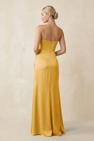 Cami Strap Ruched Satin Sheath Bridesmaid Dress in Gold - KISS BRIDAL Bridesmaid Dresses