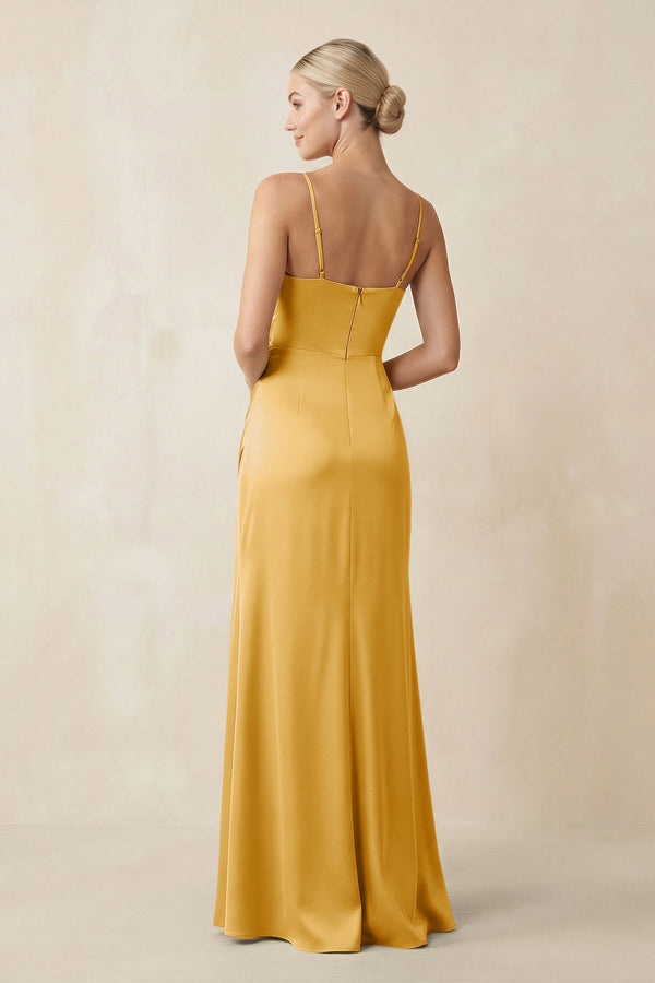 Cami Strap Ruched Satin Sheath Bridesmaid Dress in Gold - KISS BRIDAL Bridesmaid Dresses