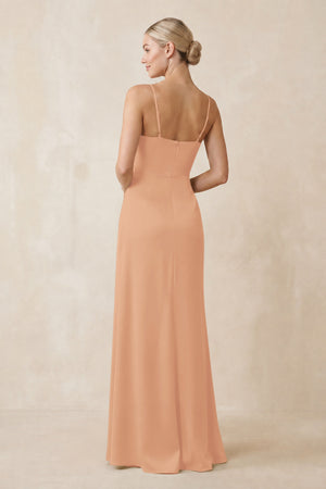 Cami Strap Ruched Satin Sheath Bridesmaid Dress in Golden Champagne (2) | KISSBRIDAL
