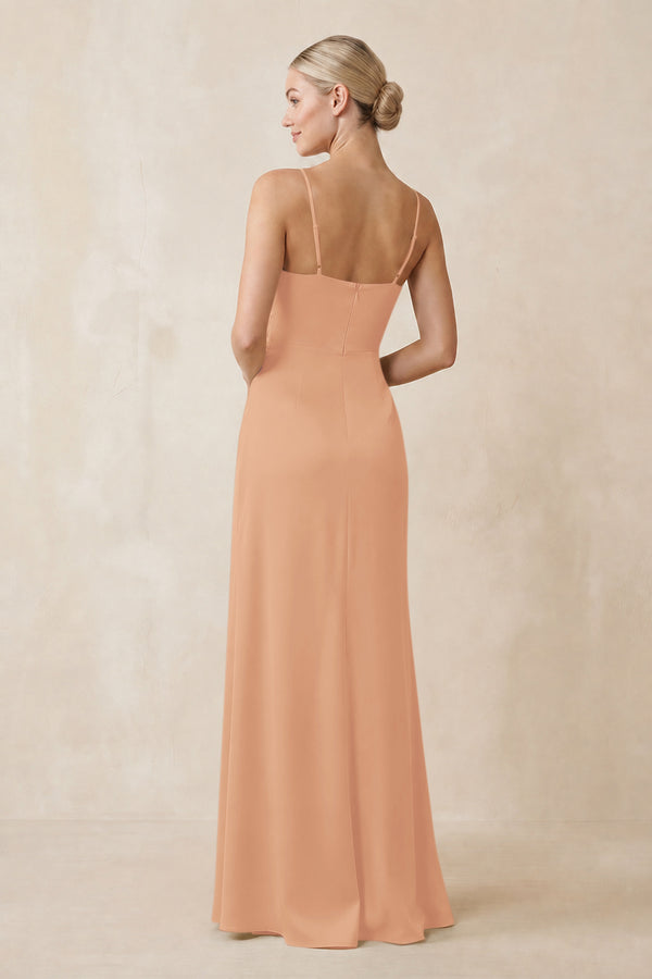Cami Strap Ruched Satin Sheath Bridesmaid Dress in Golden Champagne (2) | KISSBRIDAL