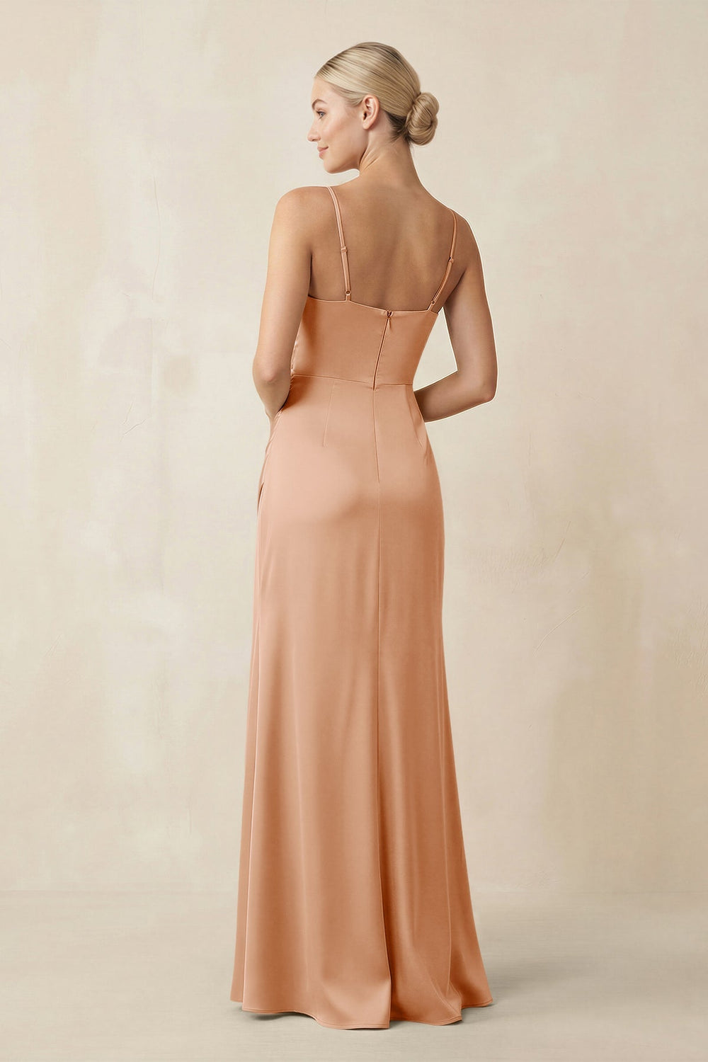 Cami Strap Ruched Satin Sheath Bridesmaid Dress in Golden Champagne - KISS BRIDAL Bridesmaid Dresses