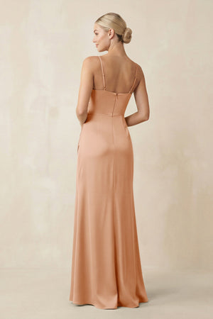 Cami Strap Ruched Satin Sheath Bridesmaid Dress in Golden Champagne - KISS BRIDAL Bridesmaid Dresses