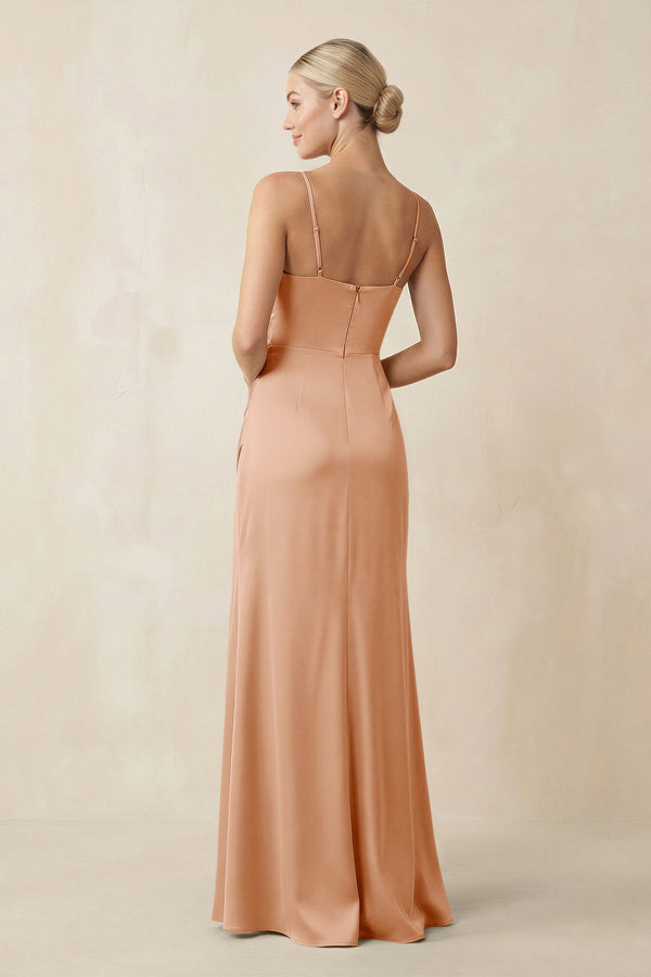 Cami Strap Ruched Satin Sheath Bridesmaid Dress in Golden Champagne - KISS BRIDAL Bridesmaid Dresses