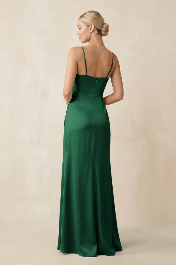 Cami Strap Ruched Satin Sheath Bridesmaid Dress in Green - KISS BRIDAL Bridesmaid Dresses