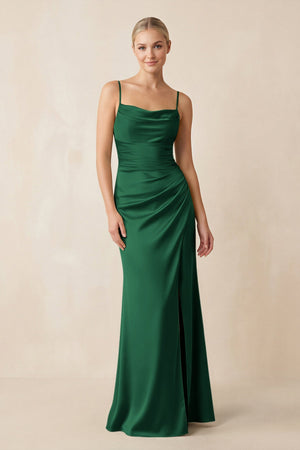 Cami Strap Ruched Satin Sheath Bridesmaid Dress in Green - KISS BRIDAL Bridesmaid Dresses