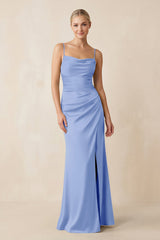 Cami Strap Ruched Satin Sheath Bridesmaid Dress in Ice - KISS BRIDAL Bridesmaid Dresses