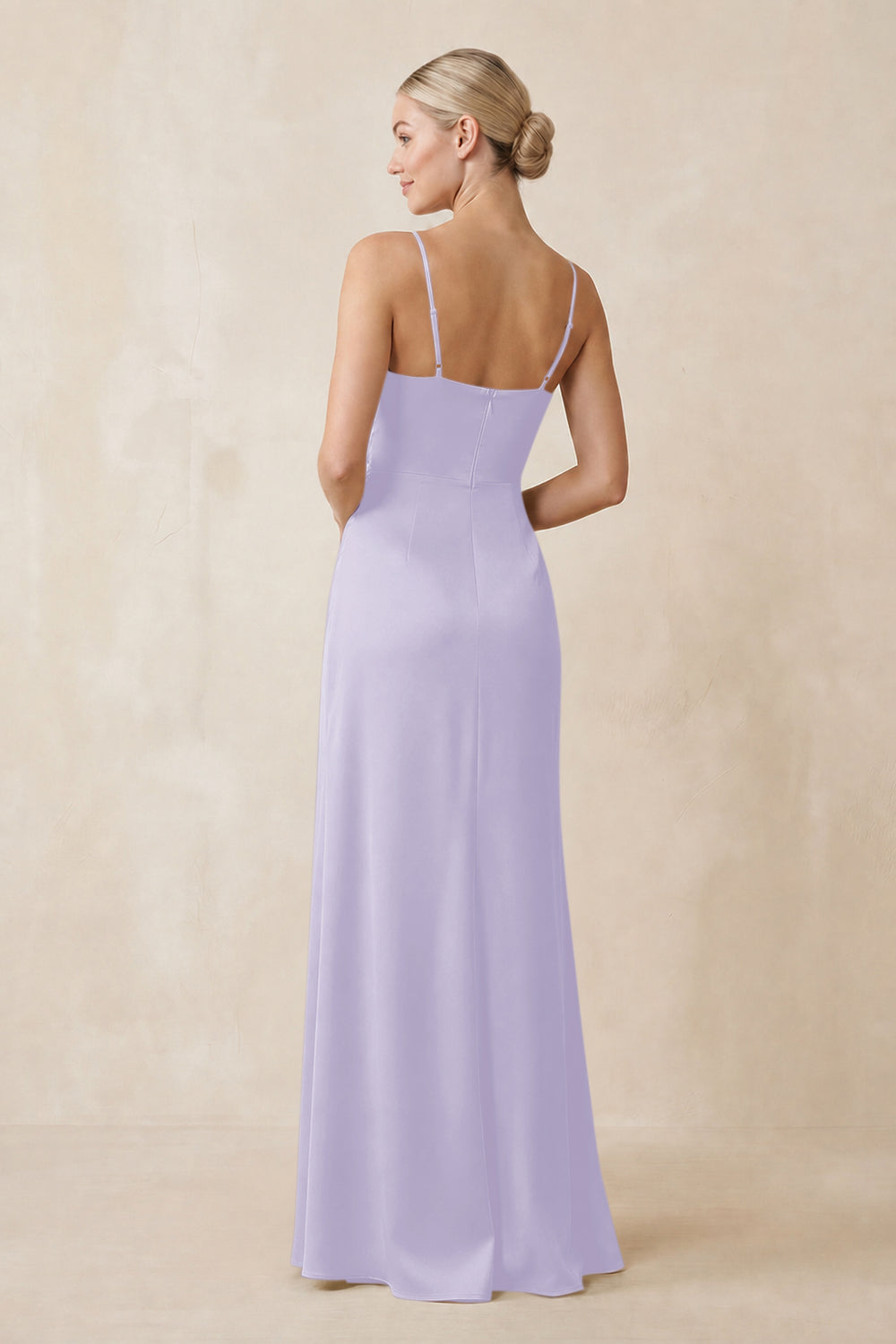 Cami Strap Ruched Satin Sheath Bridesmaid Dress in Lavender