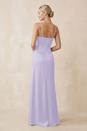 Cami Strap Ruched Satin Sheath Bridesmaid Dress in Lavender (2) | KISSBRIDAL