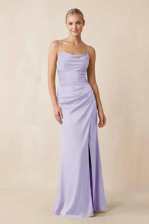 Cami Strap Ruched Satin Sheath Bridesmaid Dress in Lavender - SHE IS ME Bridesmaid Dresses