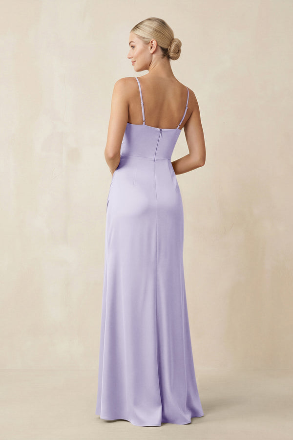 Cami Strap Ruched Satin Sheath Bridesmaid Dress in Lavender - SHE IS ME Bridesmaid Dresses