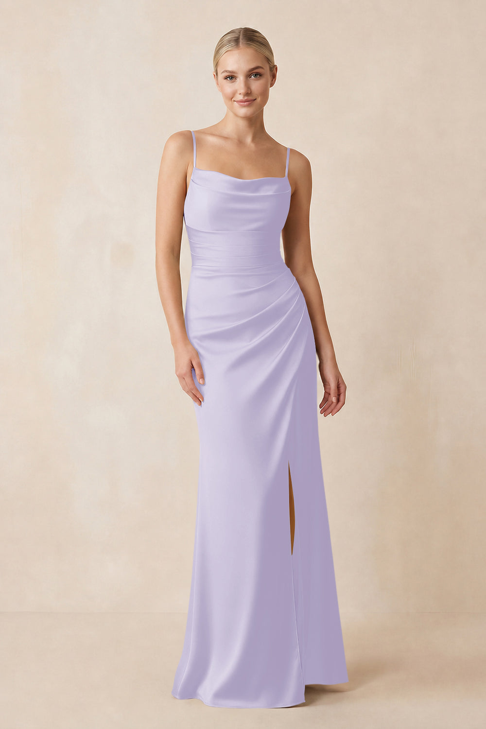 Cami Strap Ruched Satin Sheath Bridesmaid Dress in Lavender