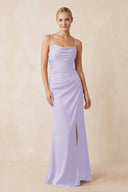 Cami Strap Ruched Satin Sheath Bridesmaid Dress in Lavender | KISSBRIDAL