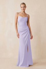 Cami Strap Ruched Satin Sheath Bridesmaid Dress in Lavender | KISSBRIDAL