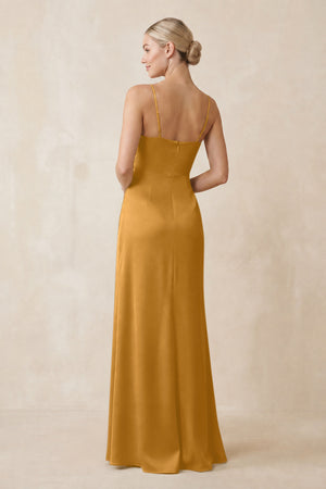 Cami Strap Ruched Satin Sheath Bridesmaid Dress in Marigold (2) | KISSBRIDAL