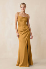 Cami Strap Ruched Satin Sheath Bridesmaid Dress in Marigold - KISS BRIDAL Bridesmaid Dresses