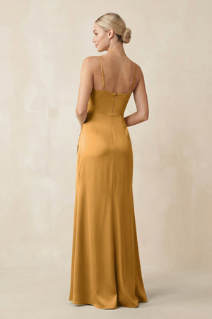 Cami Strap Ruched Satin Sheath Bridesmaid Dress in Marigold - KISS BRIDAL Bridesmaid Dresses