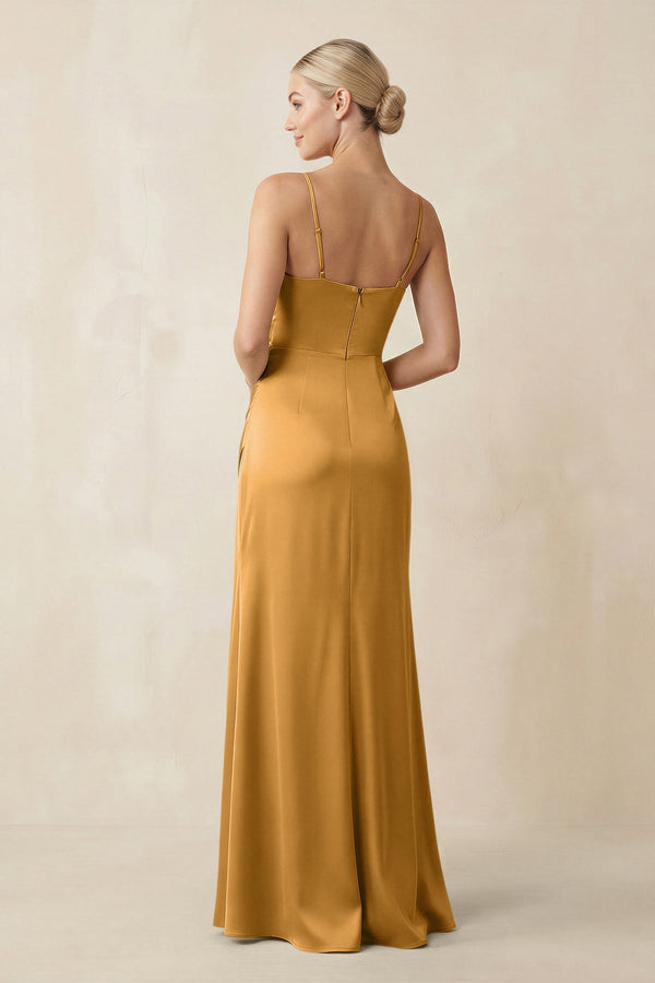 Cami Strap Ruched Satin Sheath Bridesmaid Dress in Marigold - KISS BRIDAL Bridesmaid Dresses