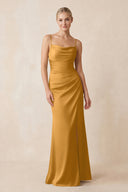 Cami Strap Ruched Satin Sheath Bridesmaid Dress in Marigold | KISSBRIDAL