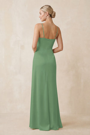 Cami Strap Ruched Satin Sheath Bridesmaid Dress in Matcha (2) | KISSBRIDAL