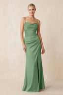 Cami Strap Ruched Satin Sheath Bridesmaid Dress in Matcha - SHE IS ME Bridesmaid Dresses