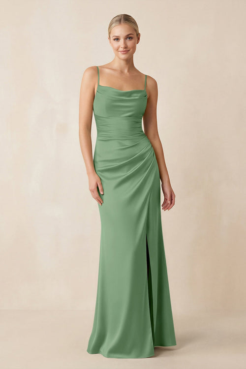 Cami Strap Ruched Satin Sheath Bridesmaid Dress in Matcha - SHE IS ME Bridesmaid Dresses