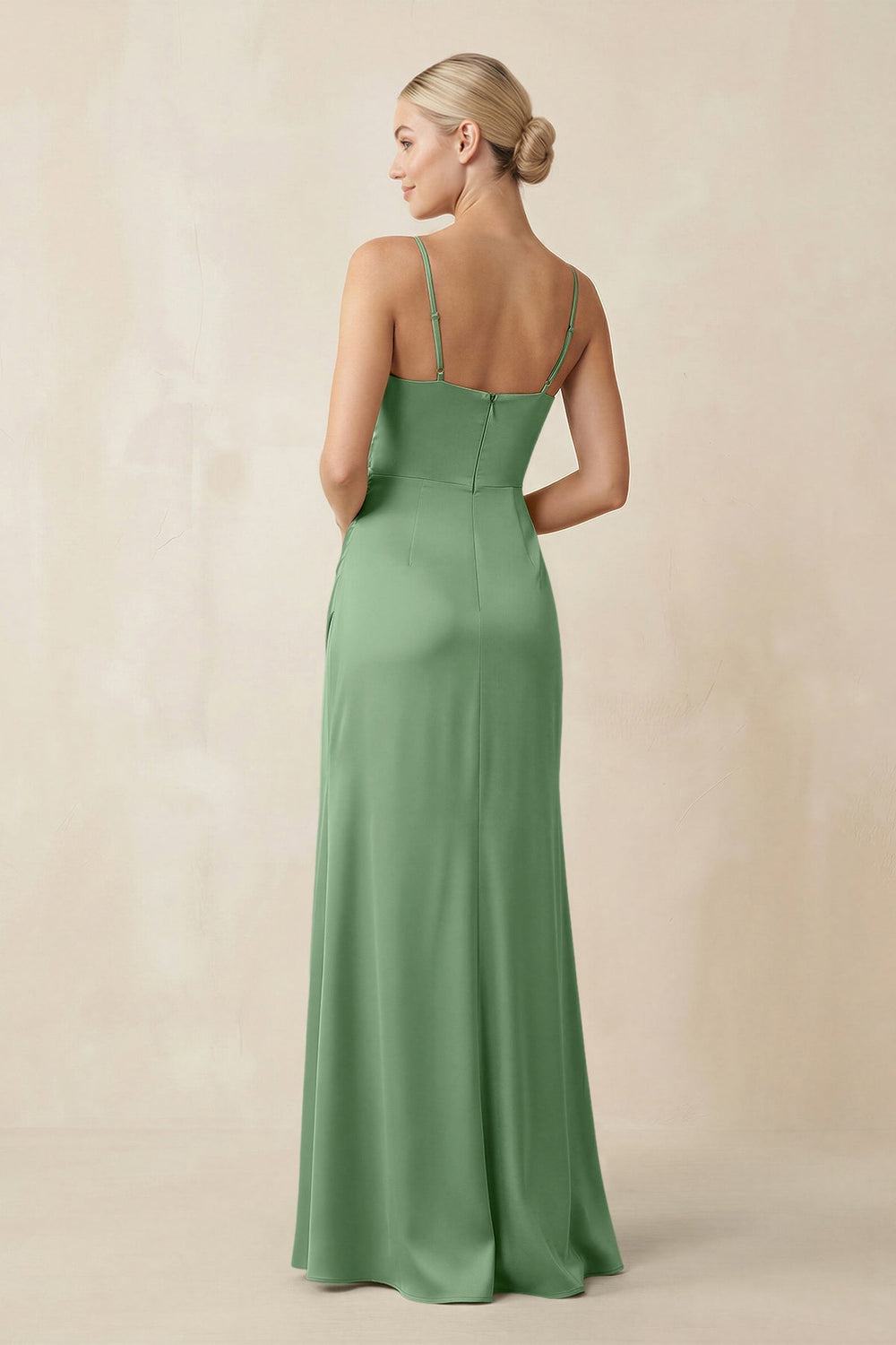 Cami Strap Ruched Satin Sheath Bridesmaid Dress in Matcha - KISS BRIDAL Bridesmaid Dresses