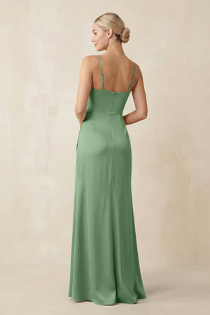 Cami Strap Ruched Satin Sheath Bridesmaid Dress in Matcha - SHE IS ME Bridesmaid Dresses