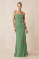 Cami Strap Ruched Satin Sheath Bridesmaid Dress in Matcha | KISSBRIDAL