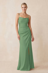 Cami Strap Ruched Satin Sheath Bridesmaid Dress in Matcha | KISSBRIDAL