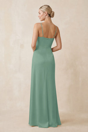 Cami Strap Ruched Satin Sheath Bridesmaid Dress in Mint Green (2) | KISSBRIDAL