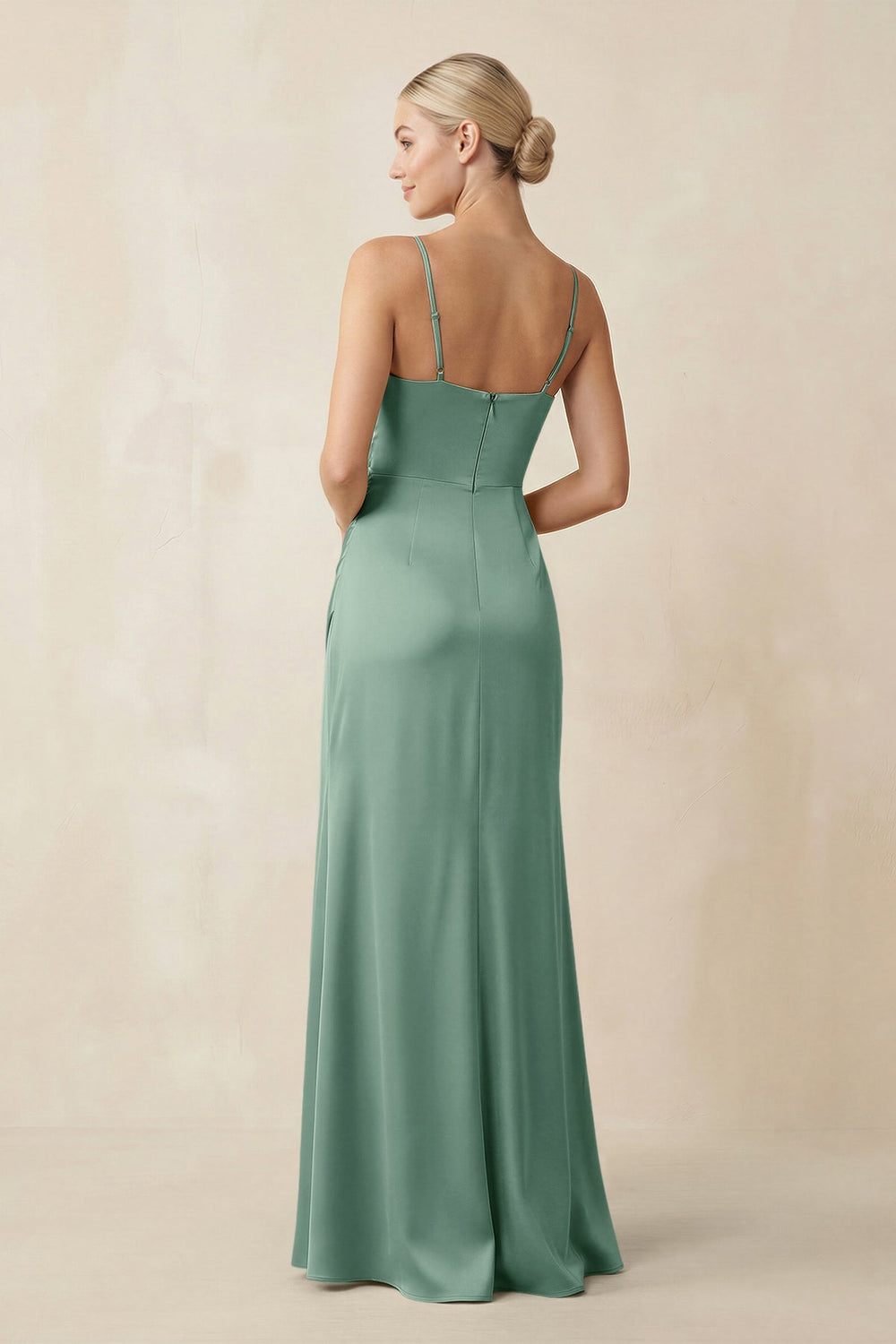 Cami Strap Ruched Satin Sheath Bridesmaid Dress in Mint Green - KISS BRIDAL Bridesmaid Dresses
