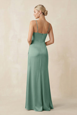 Cami Strap Ruched Satin Sheath Bridesmaid Dress in Mint Green - KISS BRIDAL Bridesmaid Dresses