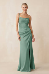 Cami Strap Ruched Satin Sheath Bridesmaid Dress in Mint Green - KISS BRIDAL Bridesmaid Dresses