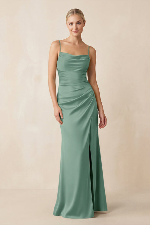 Cami Strap Ruched Satin Sheath Bridesmaid Dress in Mint Green - KISS BRIDAL Bridesmaid Dresses