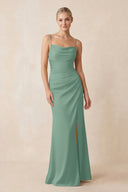 Cami Strap Ruched Satin Sheath Bridesmaid Dress in Mint Green | KISSBRIDAL