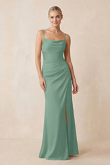 Cami Strap Ruched Satin Sheath Bridesmaid Dress in Mint Green | KISSBRIDAL