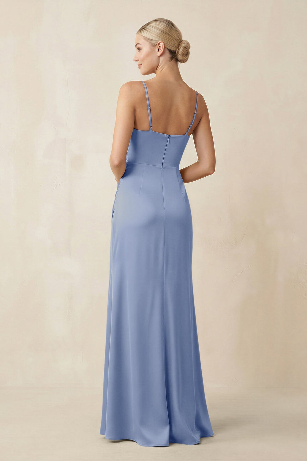 Cami Strap Ruched Satin Sheath Bridesmaid Dress in Mist - KISS BRIDAL Bridesmaid Dresses