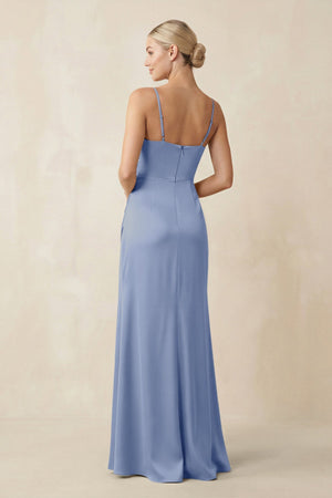 Cami Strap Ruched Satin Sheath Bridesmaid Dress in Mist - SHE IS ME Bridesmaid Dresses