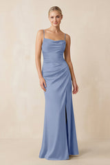 Cami Strap Ruched Satin Sheath Bridesmaid Dress in Mist - KISS BRIDAL Bridesmaid Dresses