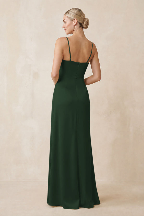 Cami Strap Ruched Satin Sheath Bridesmaid Dress in Moss (2) | KISSBRIDAL