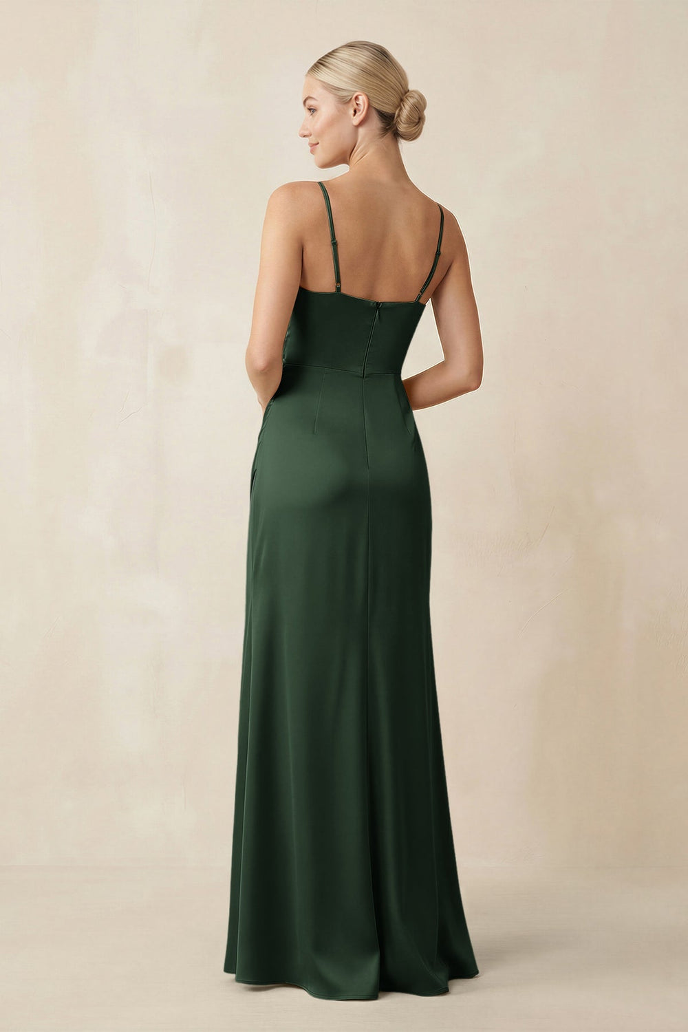 Cami Strap Ruched Satin Sheath Bridesmaid Dress in Moss - KISS BRIDAL Bridesmaid Dresses