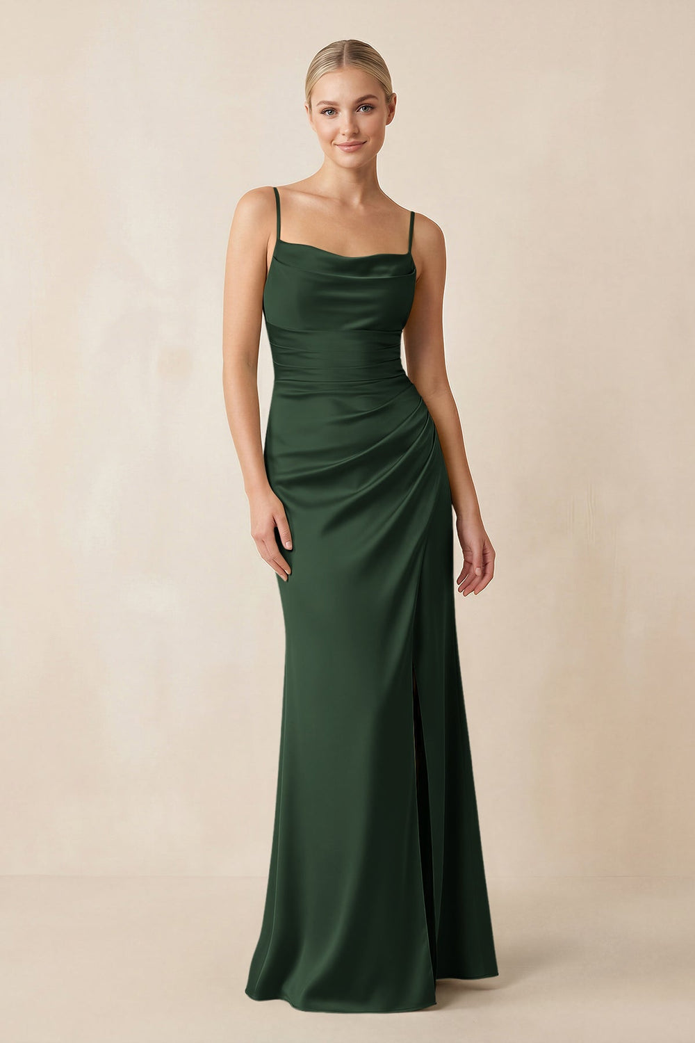 Cami Strap Ruched Satin Sheath Bridesmaid Dress in Moss - KISS BRIDAL Bridesmaid Dresses