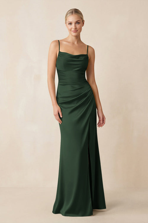 Cami Strap Ruched Satin Sheath Bridesmaid Dress in Moss - KISS BRIDAL Bridesmaid Dresses