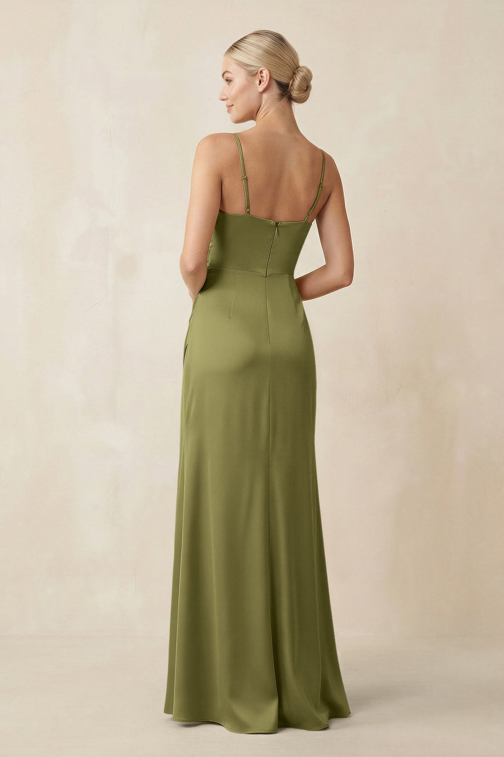 Cami Strap Ruched Satin Sheath Bridesmaid Dress in Moss Green - KISS BRIDAL Bridesmaid Dresses