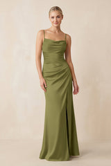 Cami Strap Ruched Satin Sheath Bridesmaid Dress in Moss Green - KISS BRIDAL Bridesmaid Dresses