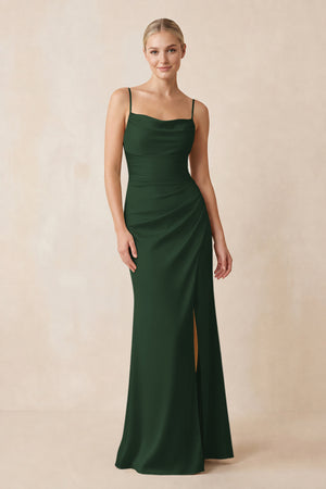Cami Strap Ruched Satin Sheath Bridesmaid Dress in Moss | KISSBRIDAL