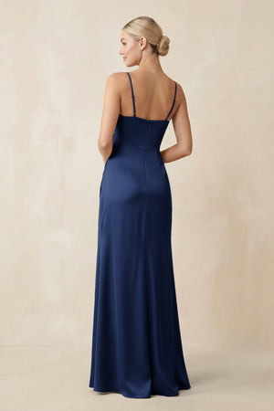 Cami Strap Ruched Satin Sheath Bridesmaid Dress in Navy - SHE IS ME Bridesmaid Dresses