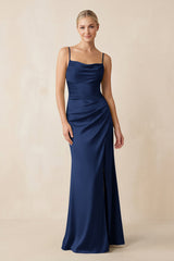 Cami Strap Ruched Satin Sheath Bridesmaid Dress in Navy - KISS BRIDAL Bridesmaid Dresses