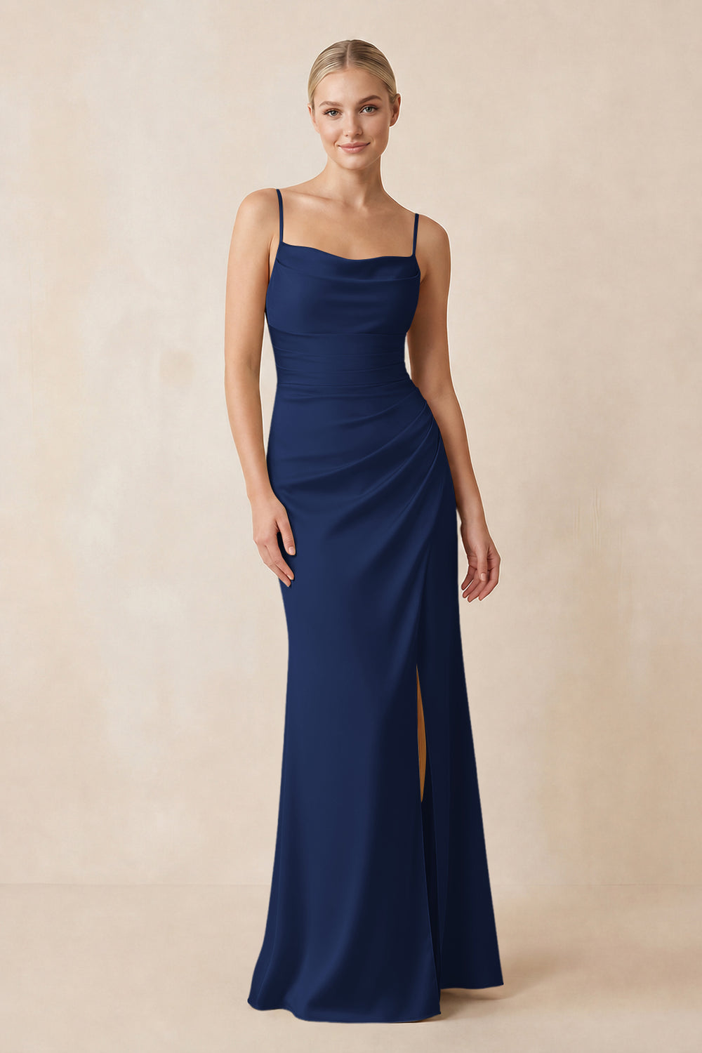 Cami Strap Ruched Satin Sheath Bridesmaid Dress in Navy