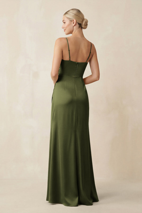 Cami Strap Ruched Satin Sheath Bridesmaid Dress in Olive - SHE IS ME Bridesmaid Dresses